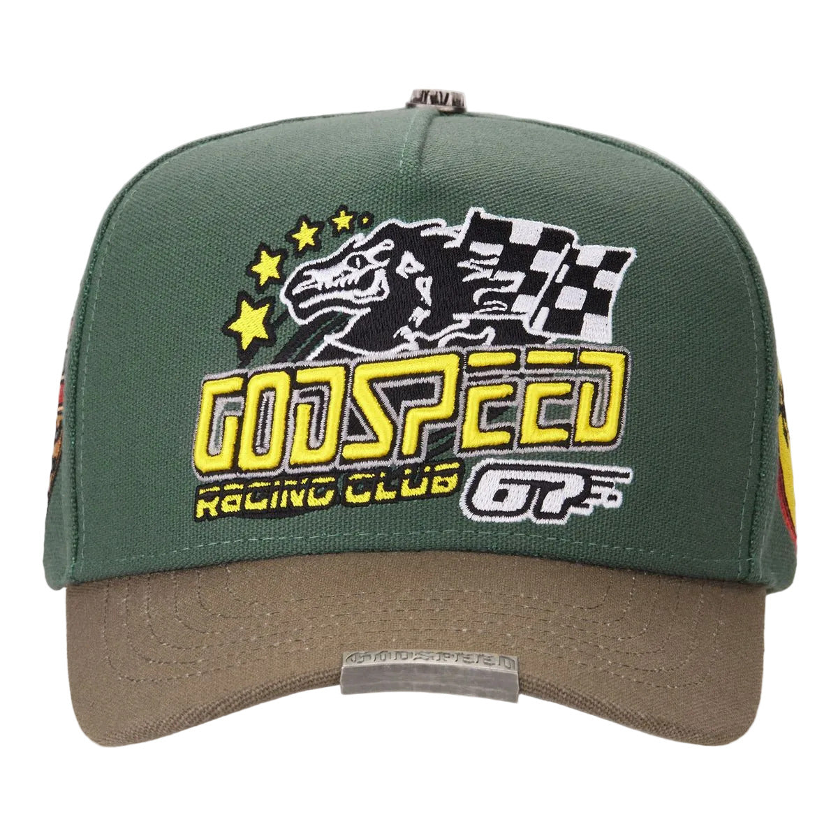 Godspeed Racing Club GRC Members Green and Brown Snapback Hat with limited-edition box and 3-piece pin set.
