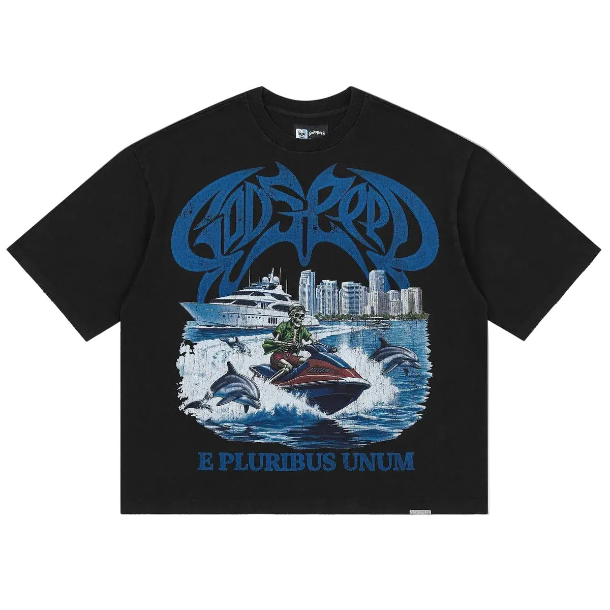 Godspeed GMYC Wave Runner T-shirt in black with premium midweight cotton and limited-edition yacht club streetwear design