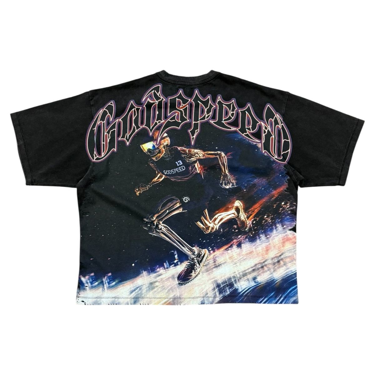 This Godspeed GSPD Run Club T-Shirt in Black is crafted from 10oz mid-weight washed fabric and features a striking digital art piece across the front. Designed with an oversized fit, it offers a relaxed silhouette—size down for a more standard look.

Limited to just 555 individually numbered pieces, this collector’s item includes a numbered tag to confirm authenticity. Once sold out, it will never be restocked.