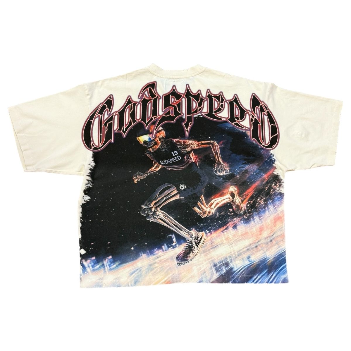 This Godspeed GSPD Run Club T-Shirt in bone is crafted from&nbsp;10oz mid-weight washed fabric and features a striking digital art piece across the front. Designed with an oversized fit