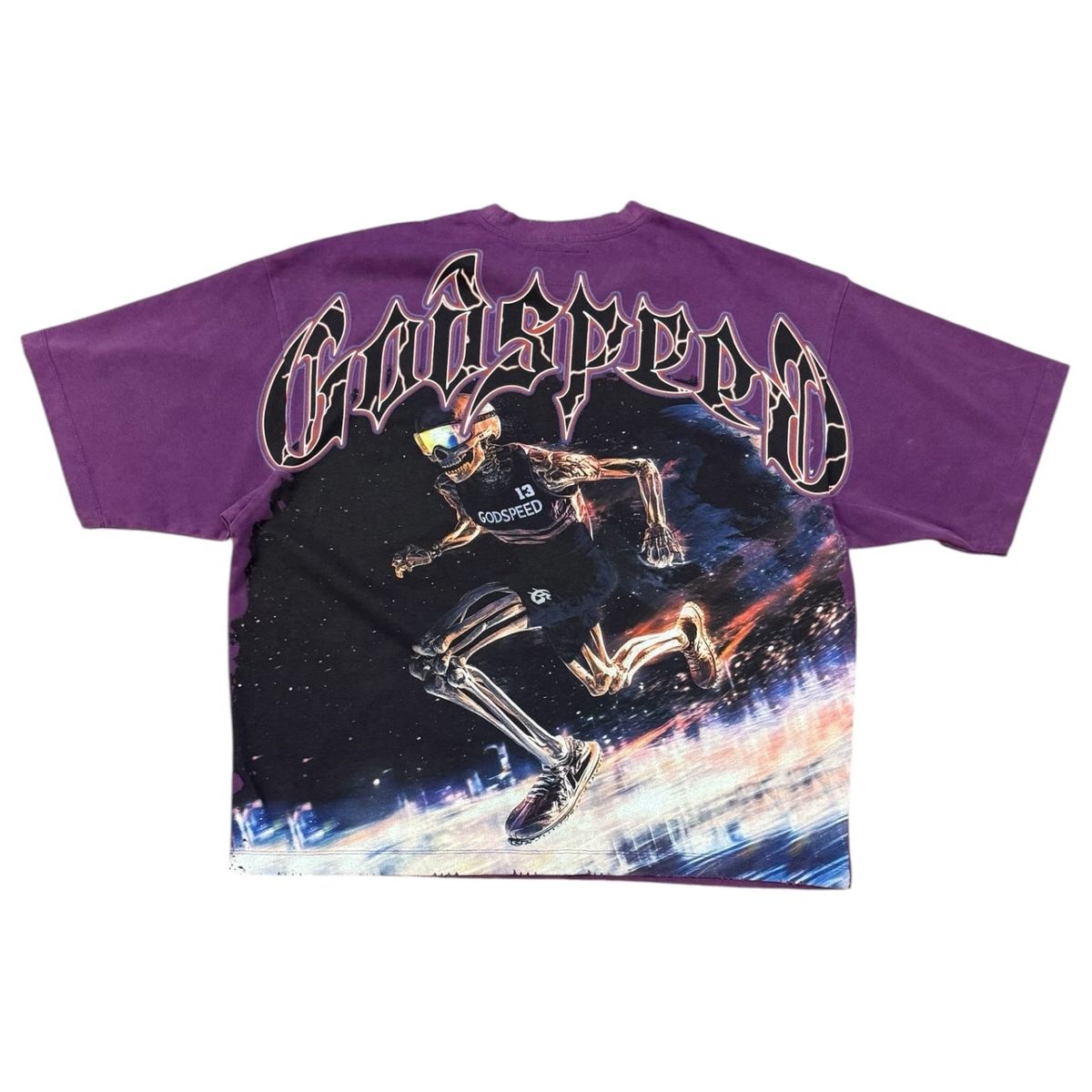 This Godspeed GSPD Run Club T-Shirt in Grape is crafted from 10oz mid-weight washed fabric and features a striking digital art piece across the front. Designed with an oversized fit, it offers a relaxed silhouette—size down for a more standard look.

Limited to just 555 individually numbered pieces, this collector’s item includes a numbered tag to confirm authenticity. Once sold out, it will never be restocked.