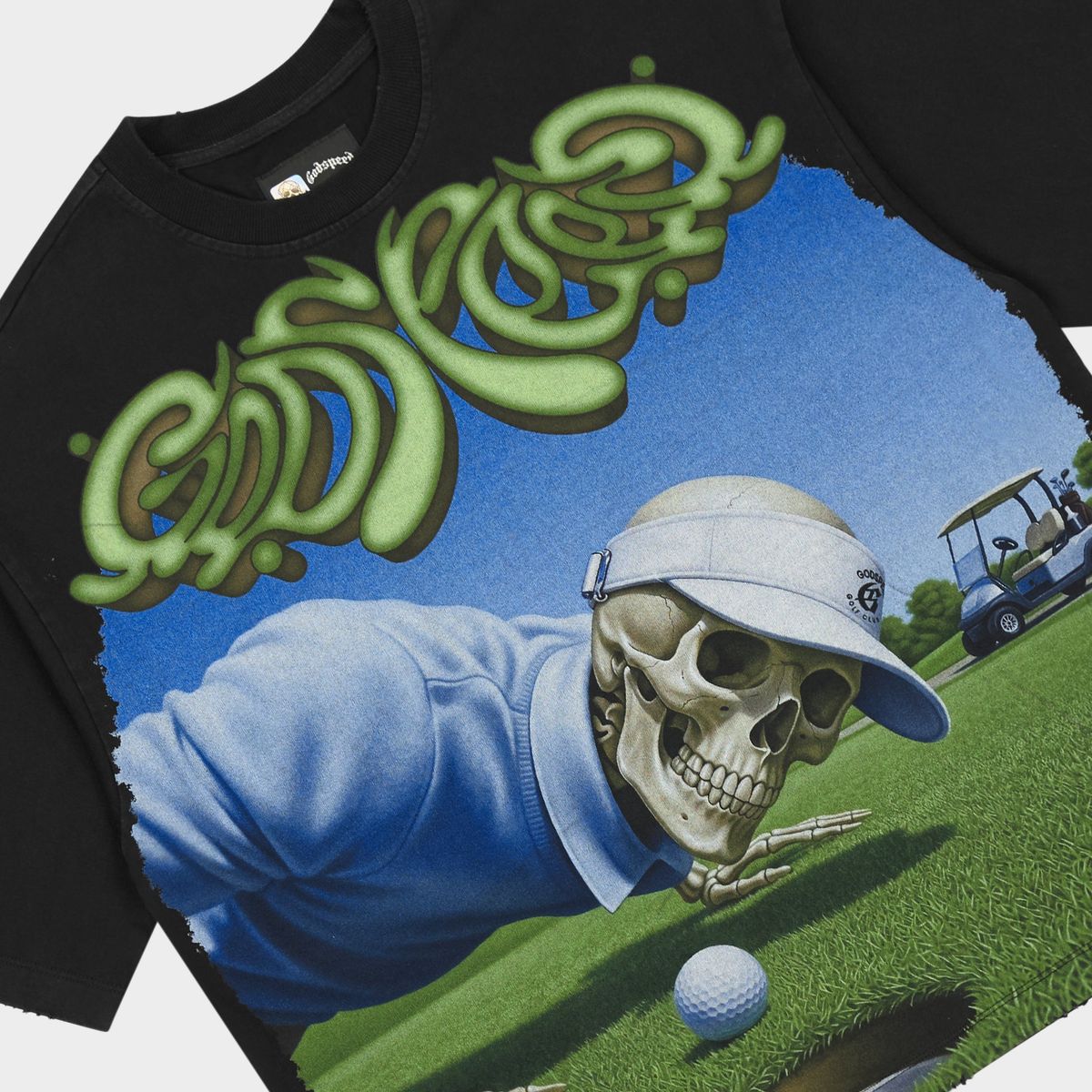 Godspeed Green Reaper T-Shirt in Black Wash from the Rarity Collection, featuring a striking art piece, stones around the crown, and crafted from 10oz mid-weight washed fabric.