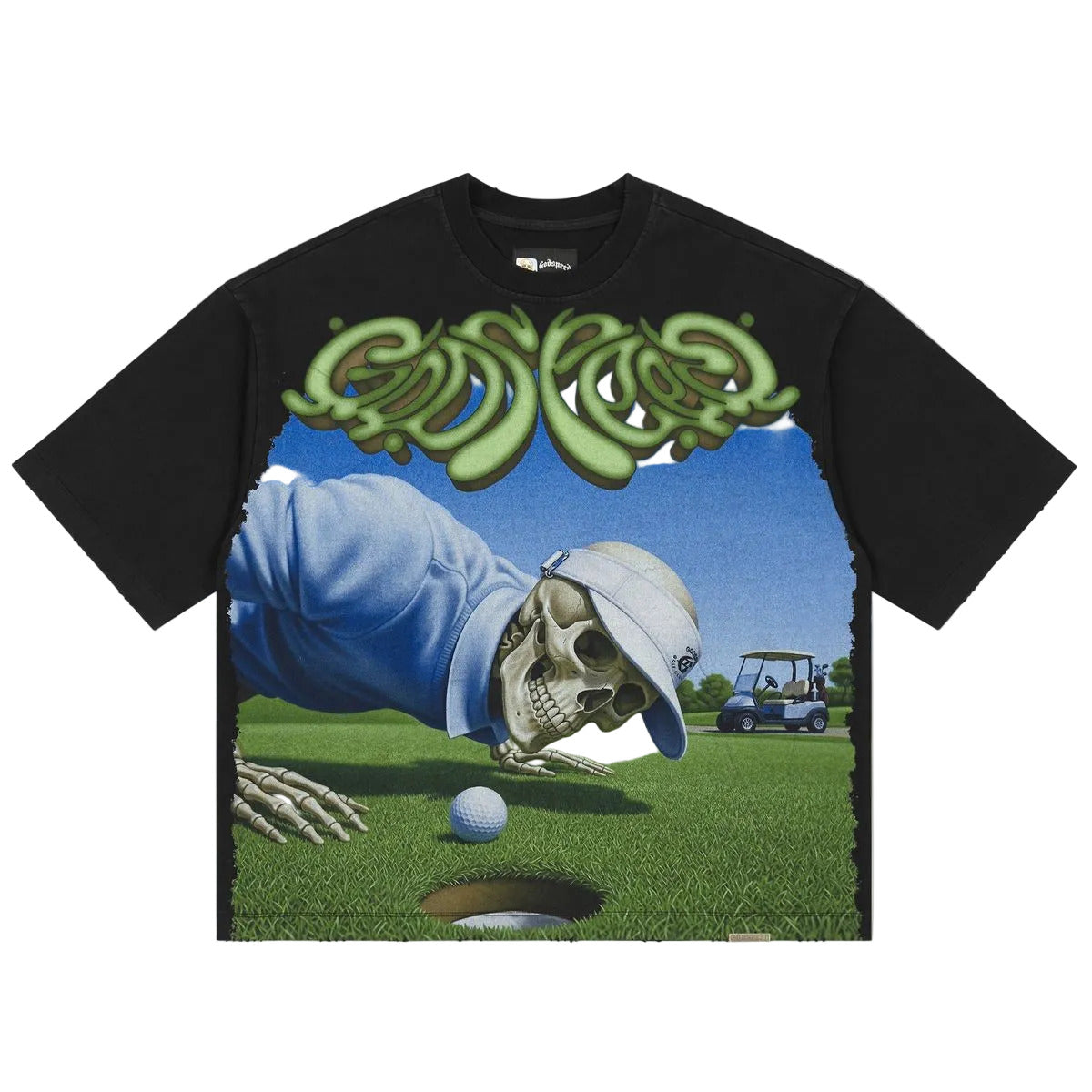 Godspeed Green Reaper T-Shirt in Black Wash from the Rarity Collection, featuring a striking art piece, stones around the crown, and crafted from 10oz mid-weight washed fabric.