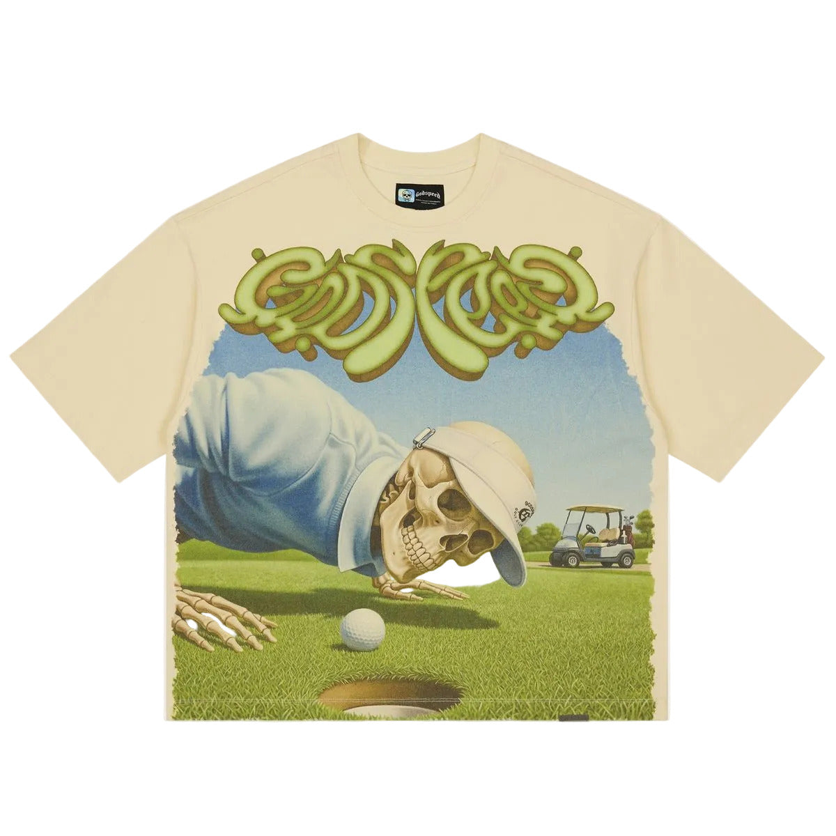 Godspeed Green Reaper Bone T-shirt from the Rarity Collection, crafted from 10oz mid-weight washed fabric with a striking art piece and stones around the crown.