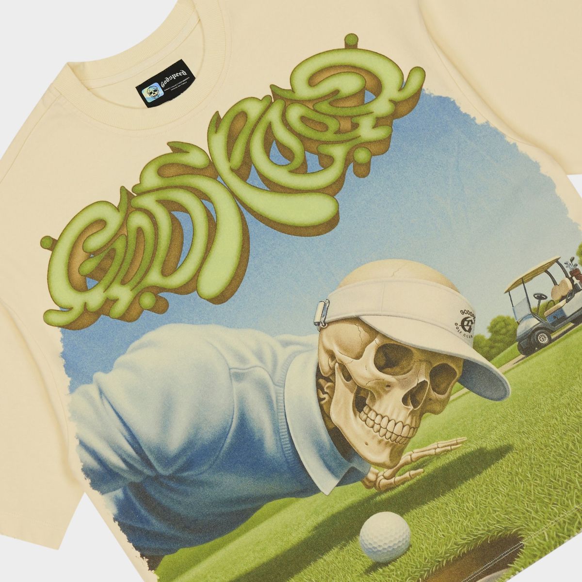 Godspeed Green Reaper Bone T-shirt from the Rarity Collection, crafted from 10oz mid-weight washed fabric with a striking art piece and stones around the crown.