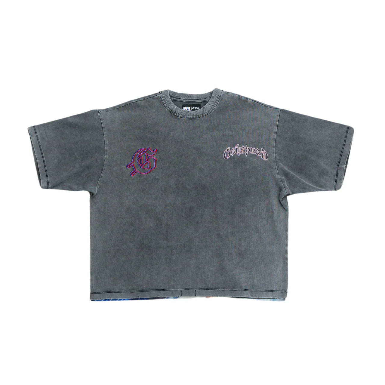 Godspeed GSPD Run Club Tee in Grey Wash featuring bold front artwork with crown stone detailing, limited to 444 pieces.