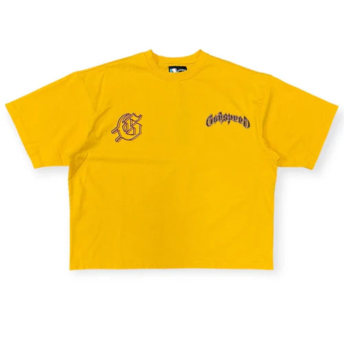Godspeed Run Club Tee in Yellow featuring crown artwork with stone detailing, limited to 444 numbered pieces.