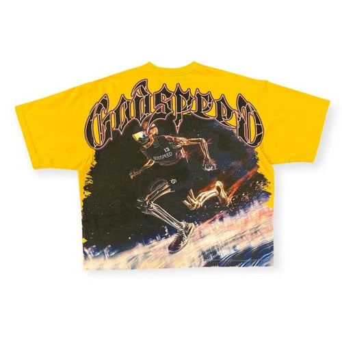 Godspeed Run Club Tee in Yellow featuring crown artwork with stone detailing, limited to 444 numbered pieces.