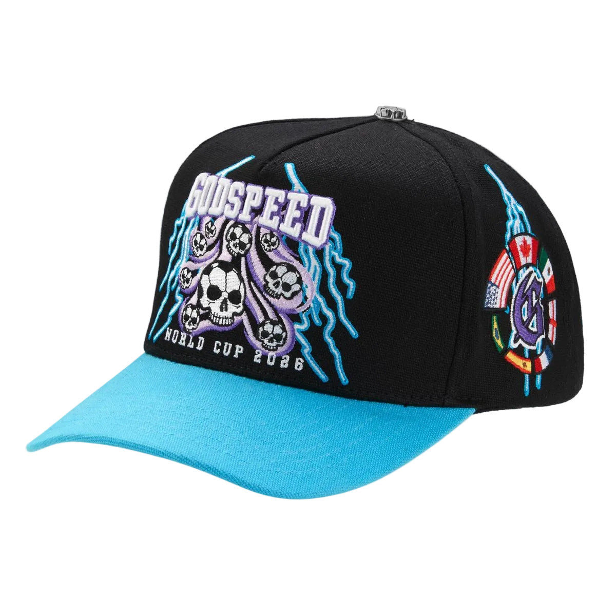 Godspeed '26 GSWC Voltage Snapback Hat in Black and Aqua from the official 2026 World Cup Collection.