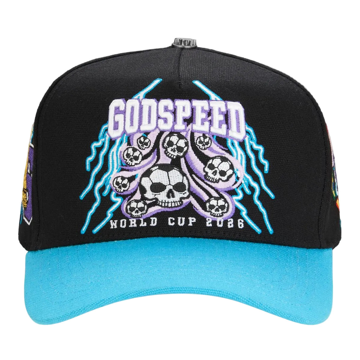 Godspeed '26 GSWC Voltage Snapback Hat in Black and Aqua from the official 2026 World Cup Collection.