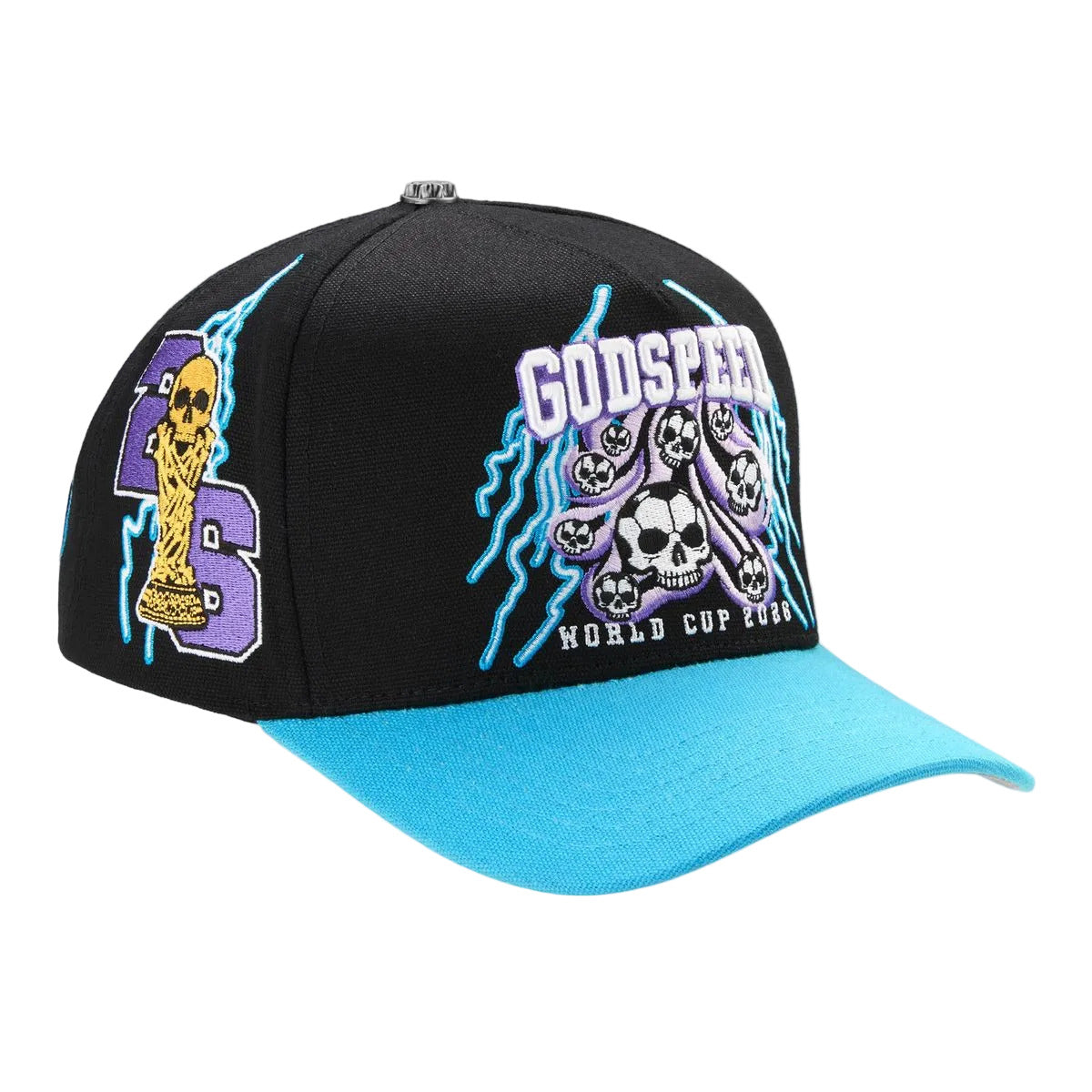 Godspeed '26 GSWC Voltage Snapback Hat in Black and Aqua from the official 2026 World Cup Collection.