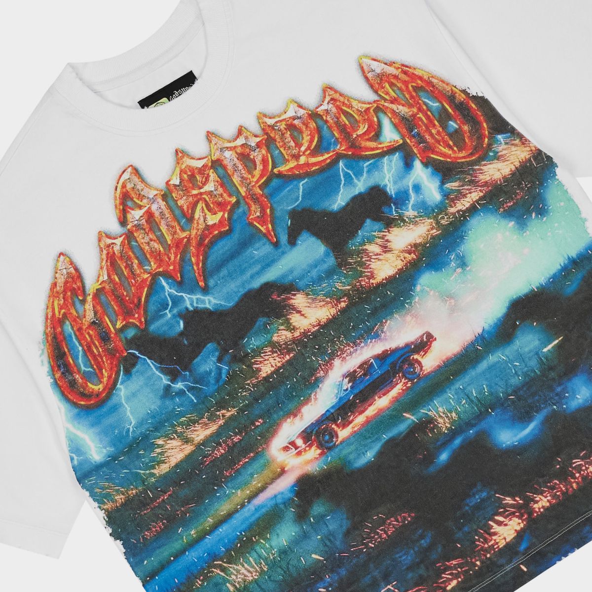 Godspeed GS Horsepower T-shirt in white featuring exclusive graphic artwork, stone crown embellishments, and premium washed cotton construction.
