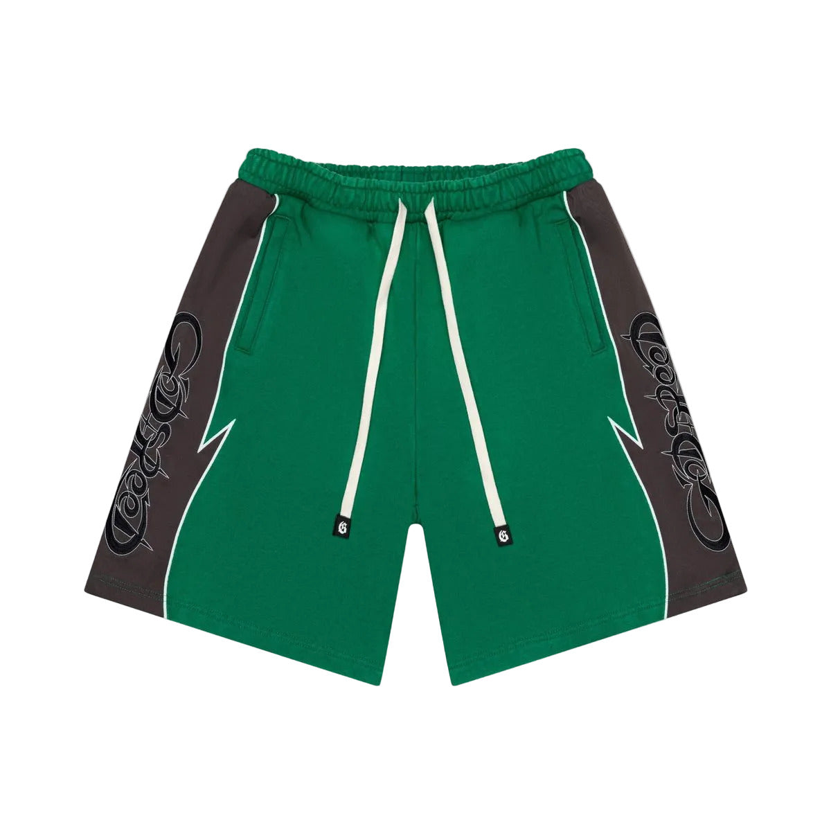 Halftime shorts in green and graphite with French terry fabric and durable nylon construction