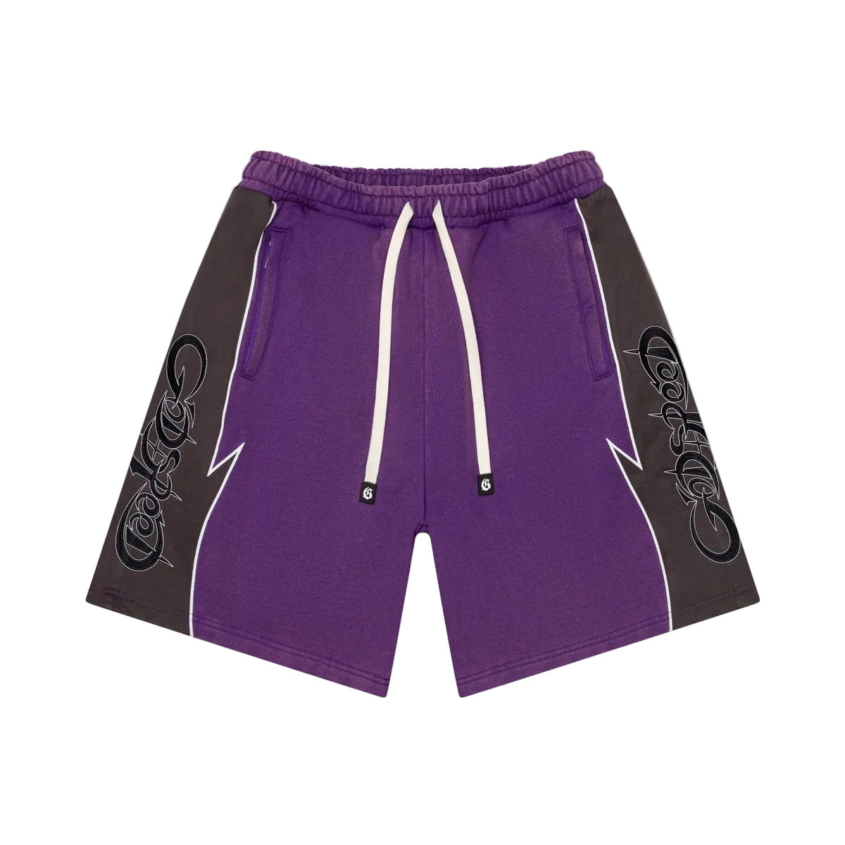 Halftime shorts in purple and graphite with French terry fabric and durable nylon construction