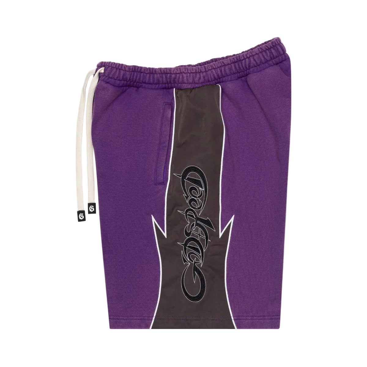 Halftime shorts in purple and graphite with French terry fabric and durable nylon construction
