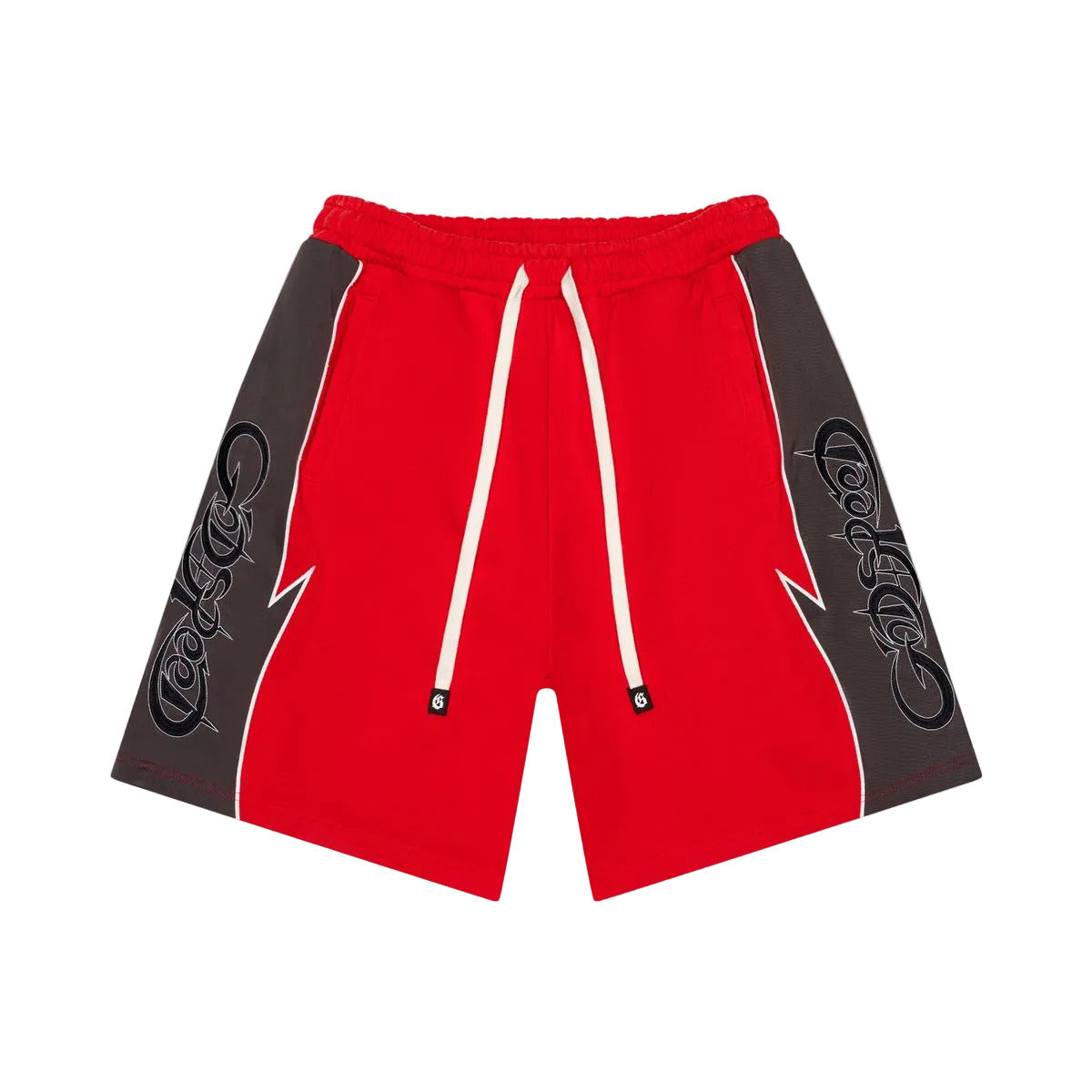 Godspeed Halftime shorts in red and graphite with French terry fabric and durable nylon construction