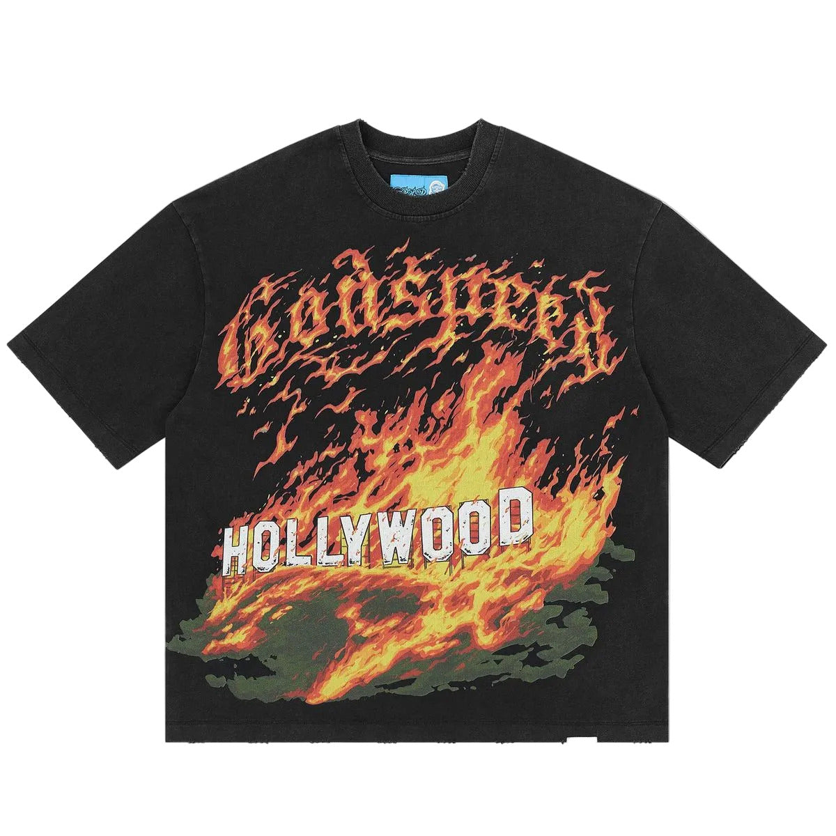 Godspeed Hollywood Inferno II kids T-shirt with bold graphic artwork and mid-weight washed fabric for modern youth streetwear style.