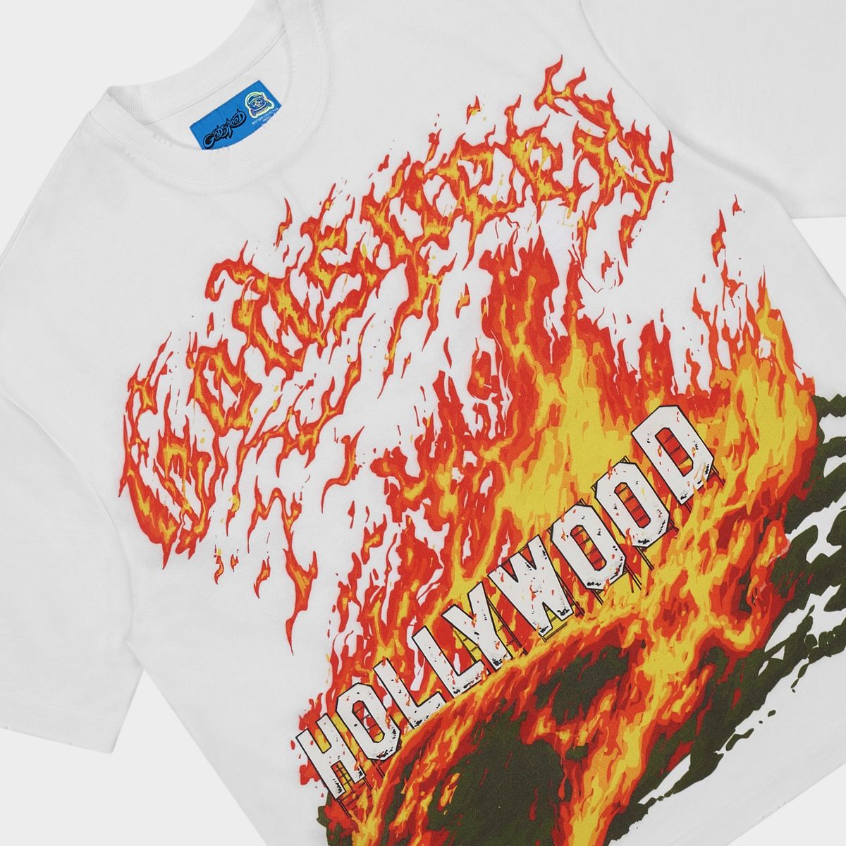 Godspeed Hollywood Inferno II T-shirt with bold graphic artwork and mid-weight washed fabric for modern youth streetwear style.