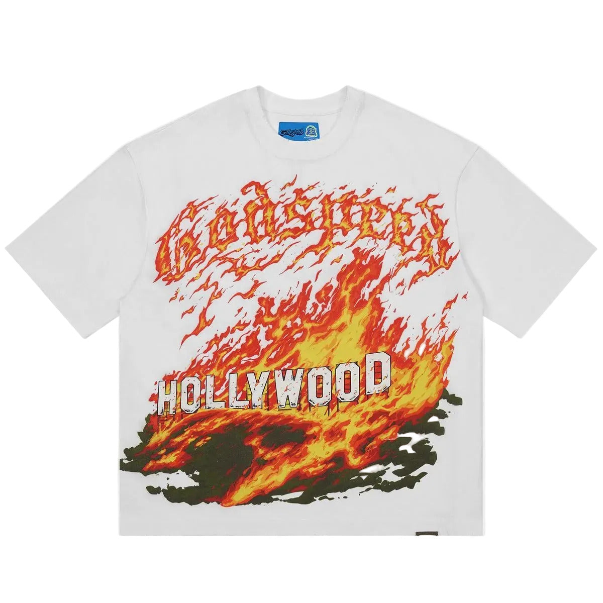 Godspeed Hollywood Inferno II T-shirt with bold graphic artwork and mid-weight washed fabric for modern youth streetwear style.