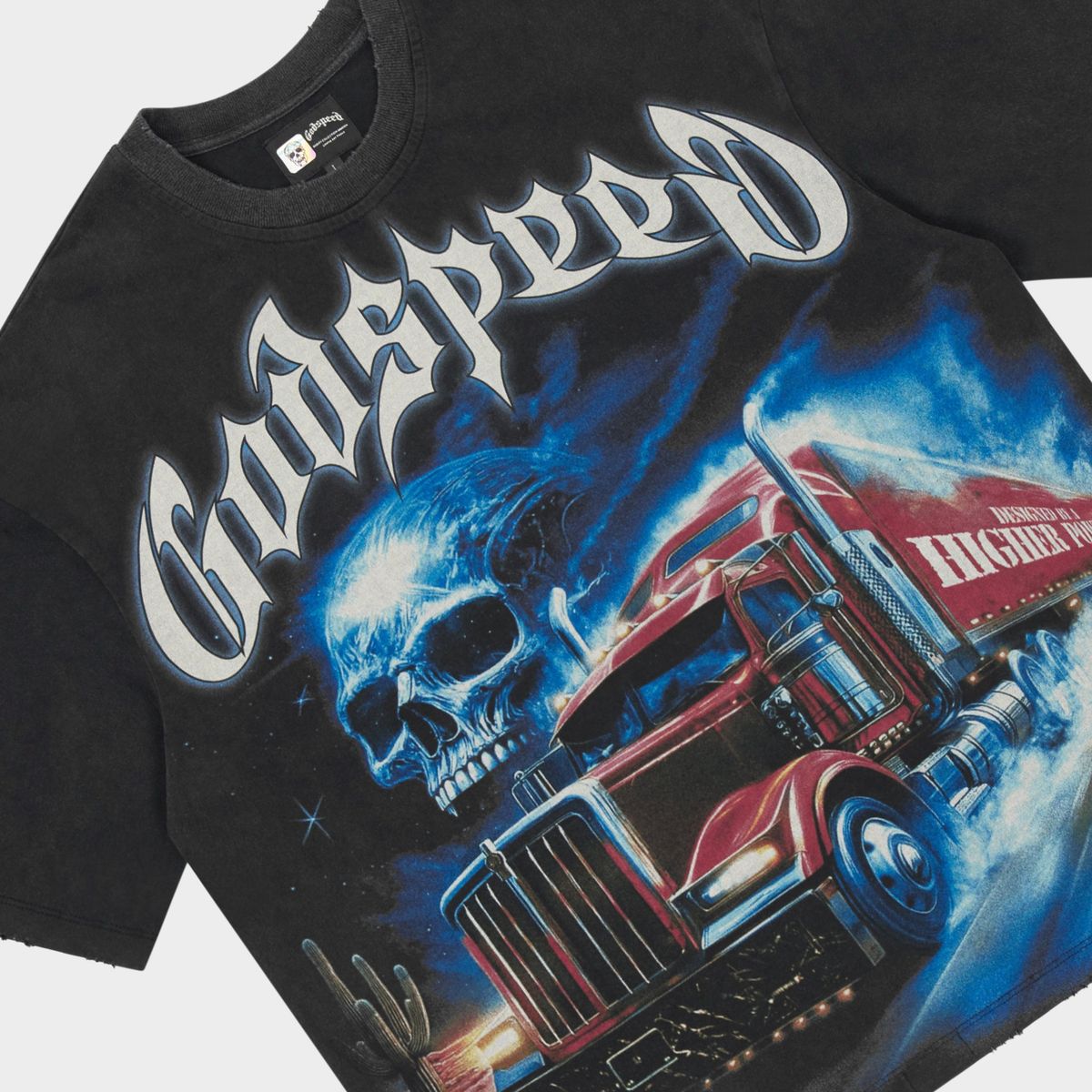 Godspeed Interstate Fate T-Shirt in black with bold graphic design and stone embellishments around the crown