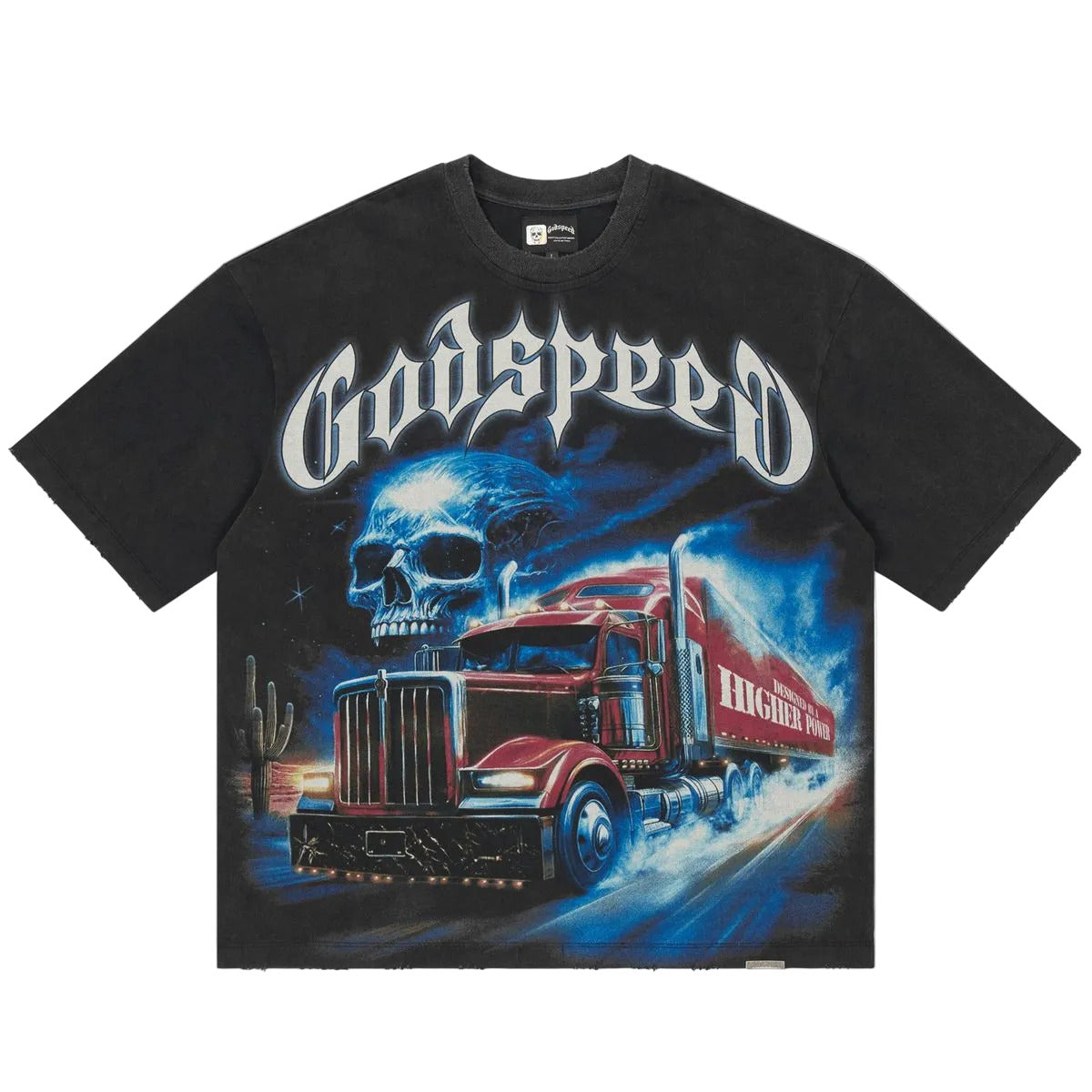 Godspeed Interstate Fate T-Shirt in black with bold graphic design and stone embellishments around the crown