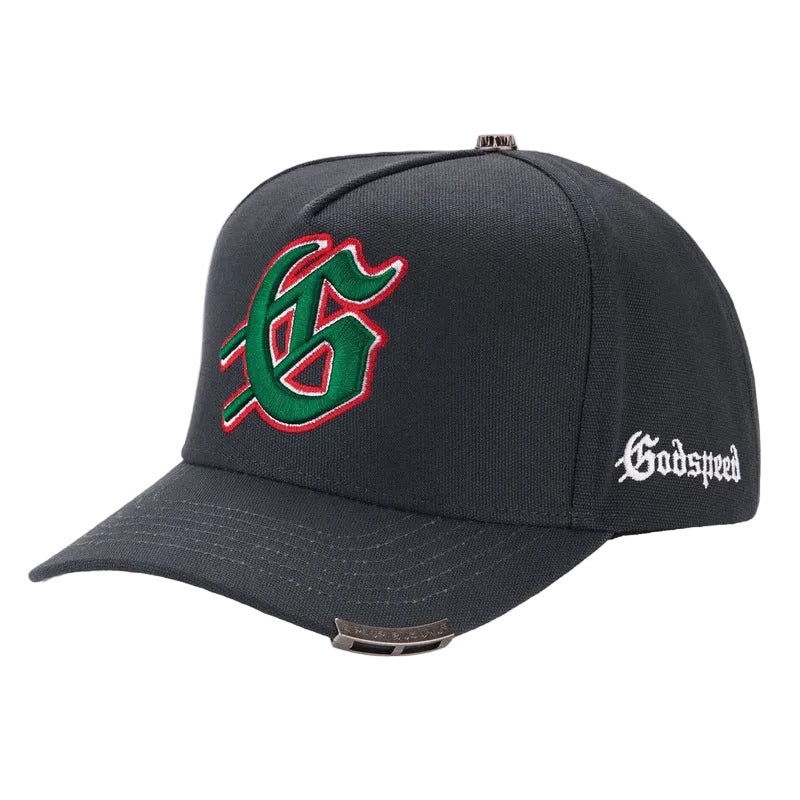 Godspeed Insignia snapback hat with structured six-panel crown, curved bill, and adjustable fit in multiple colorways