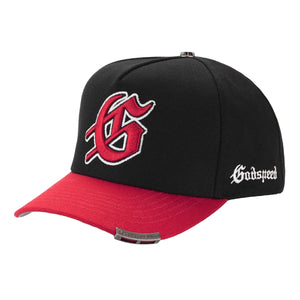 Godspeed Insignia snapback hat in black and red with 3D embroidered G logo