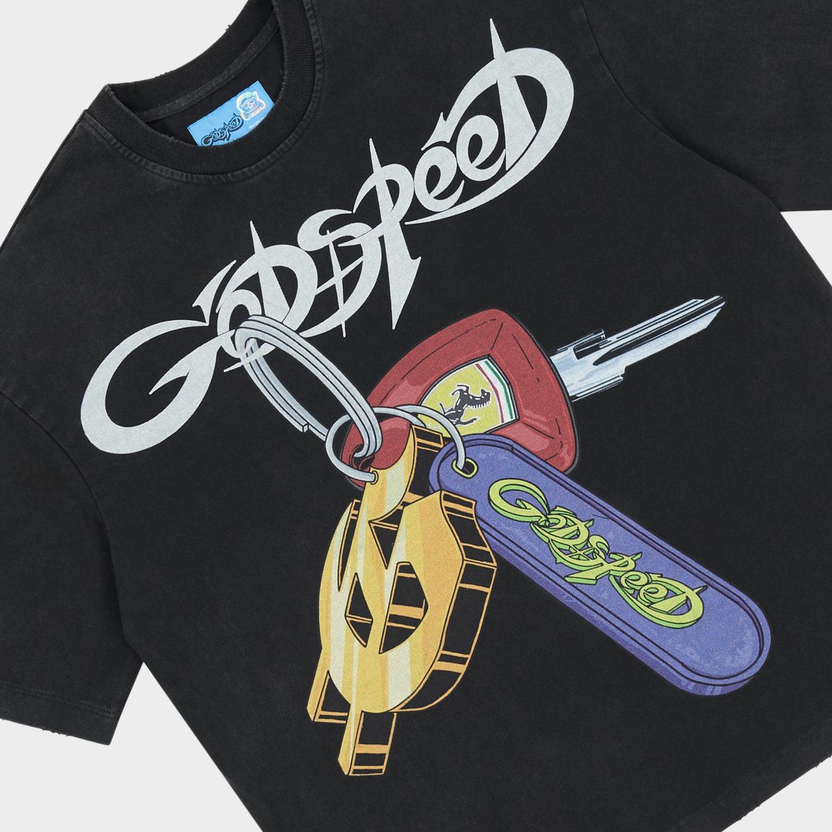 Godspeed Keys Open Doors T-shirt with bold graphic artwork and mid-weight washed fabric for modern streetwear style.