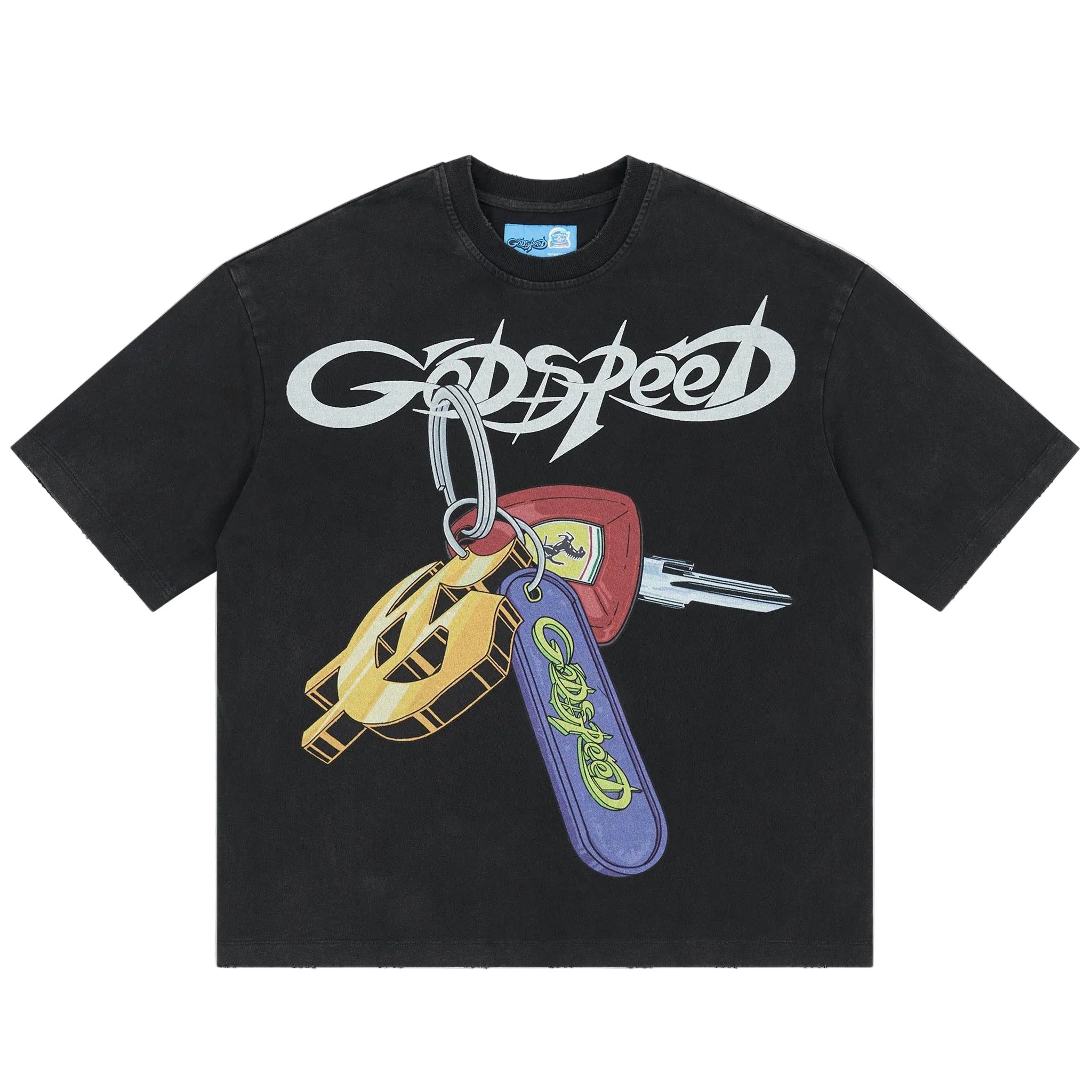 Godspeed Keys Open Doors T-shirt with bold graphic artwork and mid-weight washed fabric for modern streetwear style.