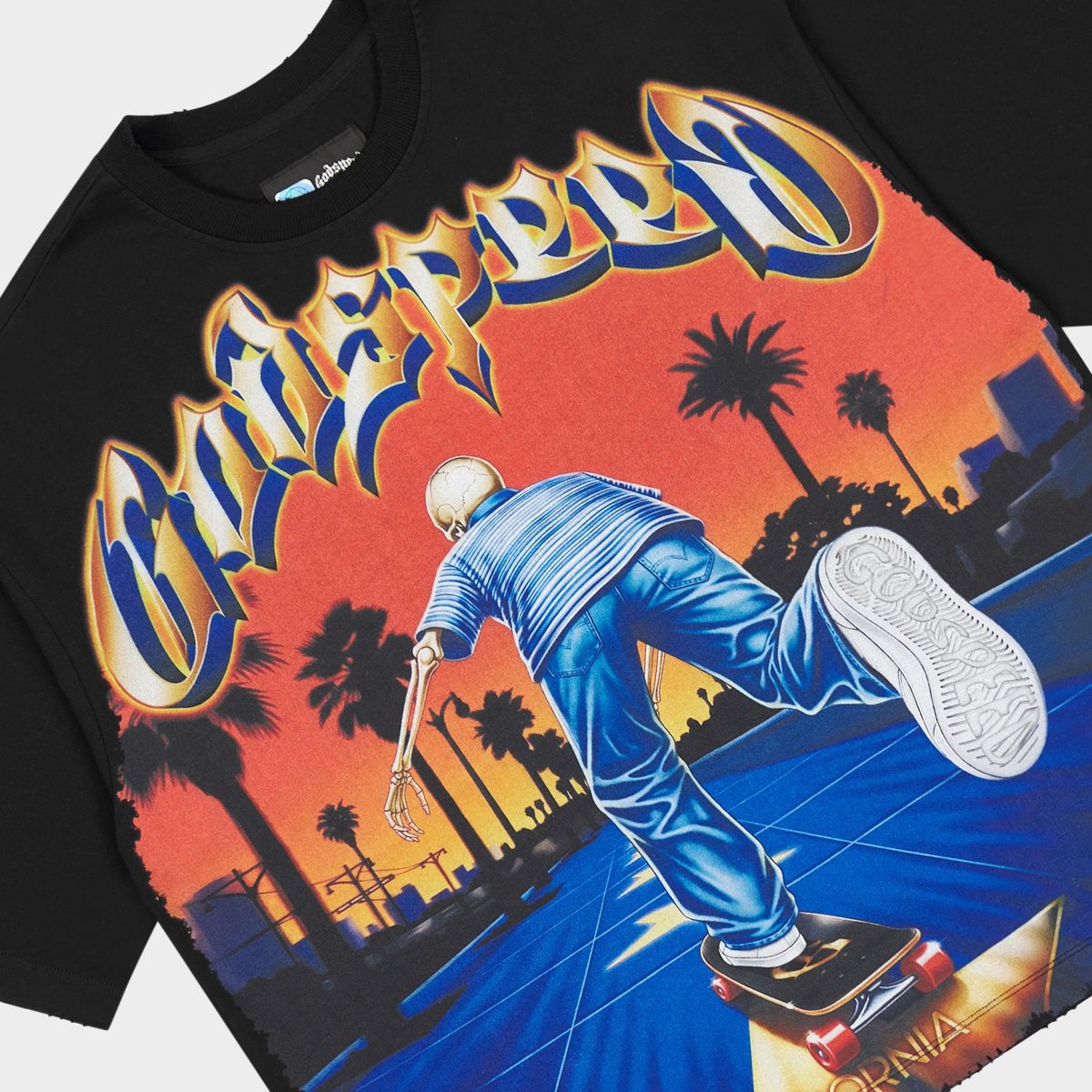 Godspeed Kick Push Black T-shirt from the Rarity Collection, crafted from 10oz mid-weight washed fabric with a striking art piece.