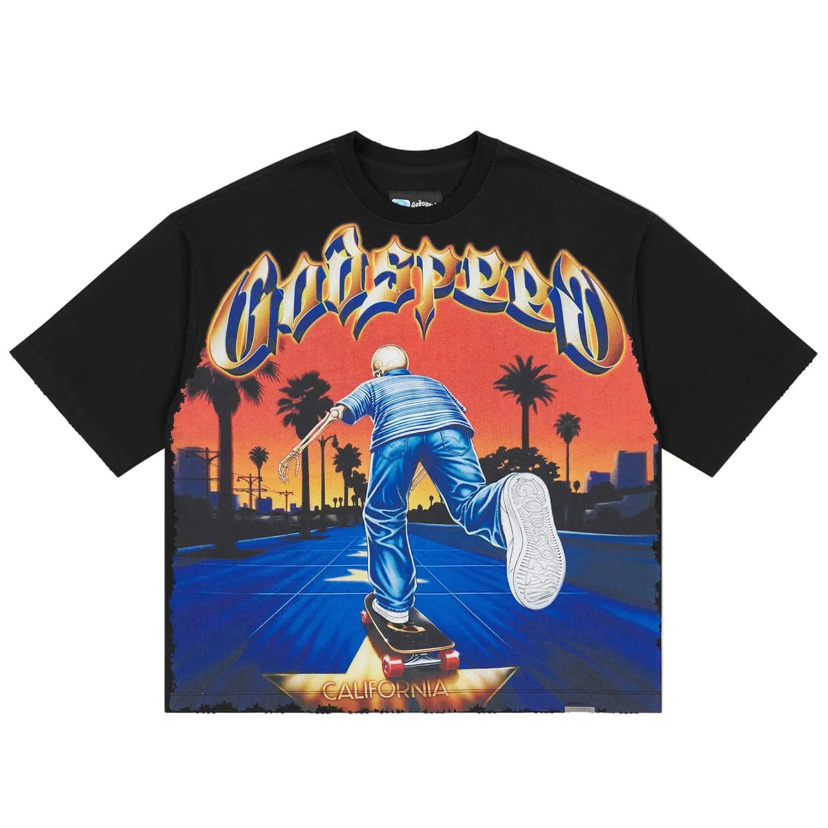 Godspeed Kick Push Black T-shirt from the Rarity Collection, crafted from 10oz mid-weight washed fabric with a striking art piece.