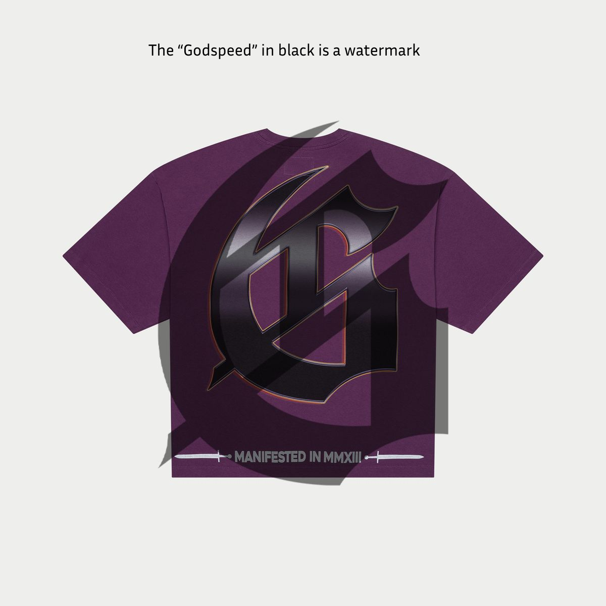 Purple t-shirt with a black logo on a light gray background