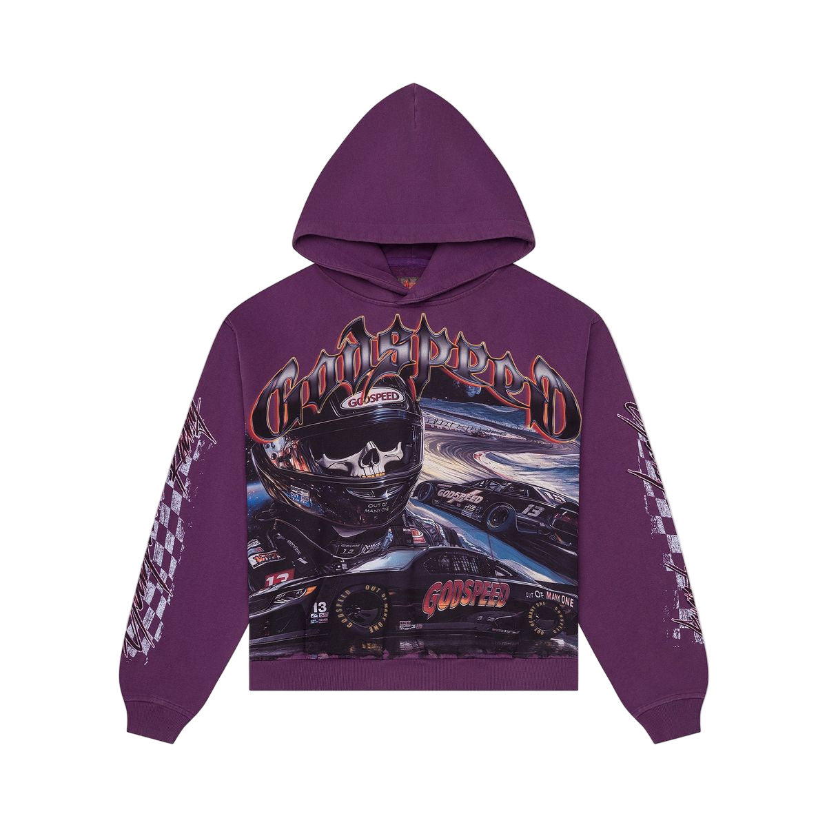 Godspeed Le Denier medium-weight washed hoodie with art piece sleeve design and GS logo on the back, limited to 444 units
