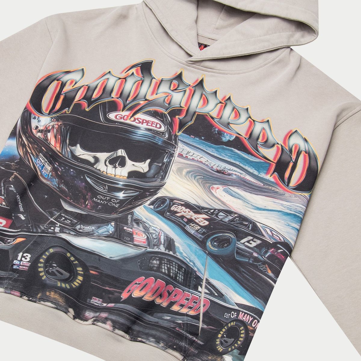 Godspeed Le Denier medium-weight washed hoodie with art piece sleeve design and GS logo on the back, limited to 444 units