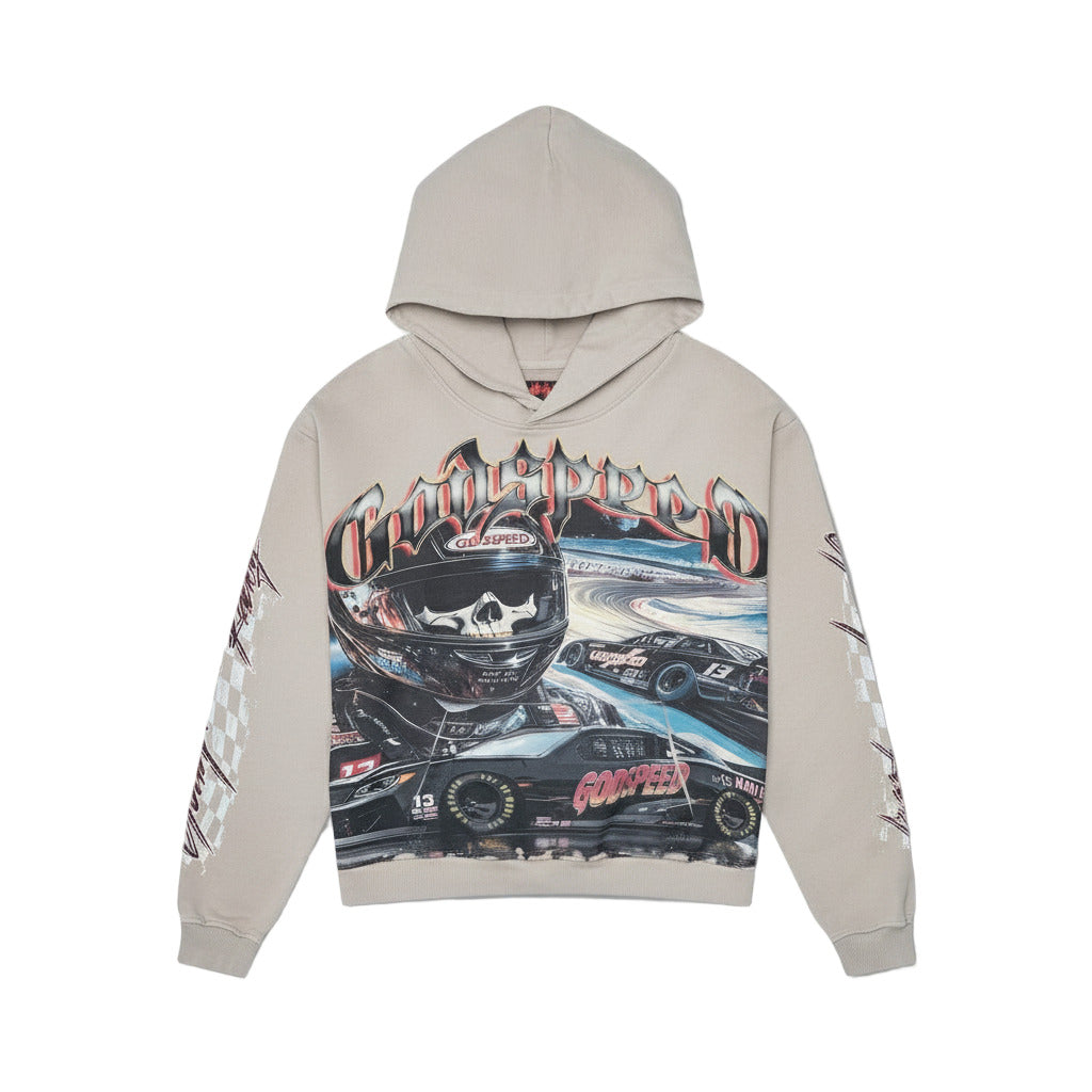 Godspeed Le Denier medium-weight washed hoodie with art piece sleeve design and GS logo on the back, limited to 444 units