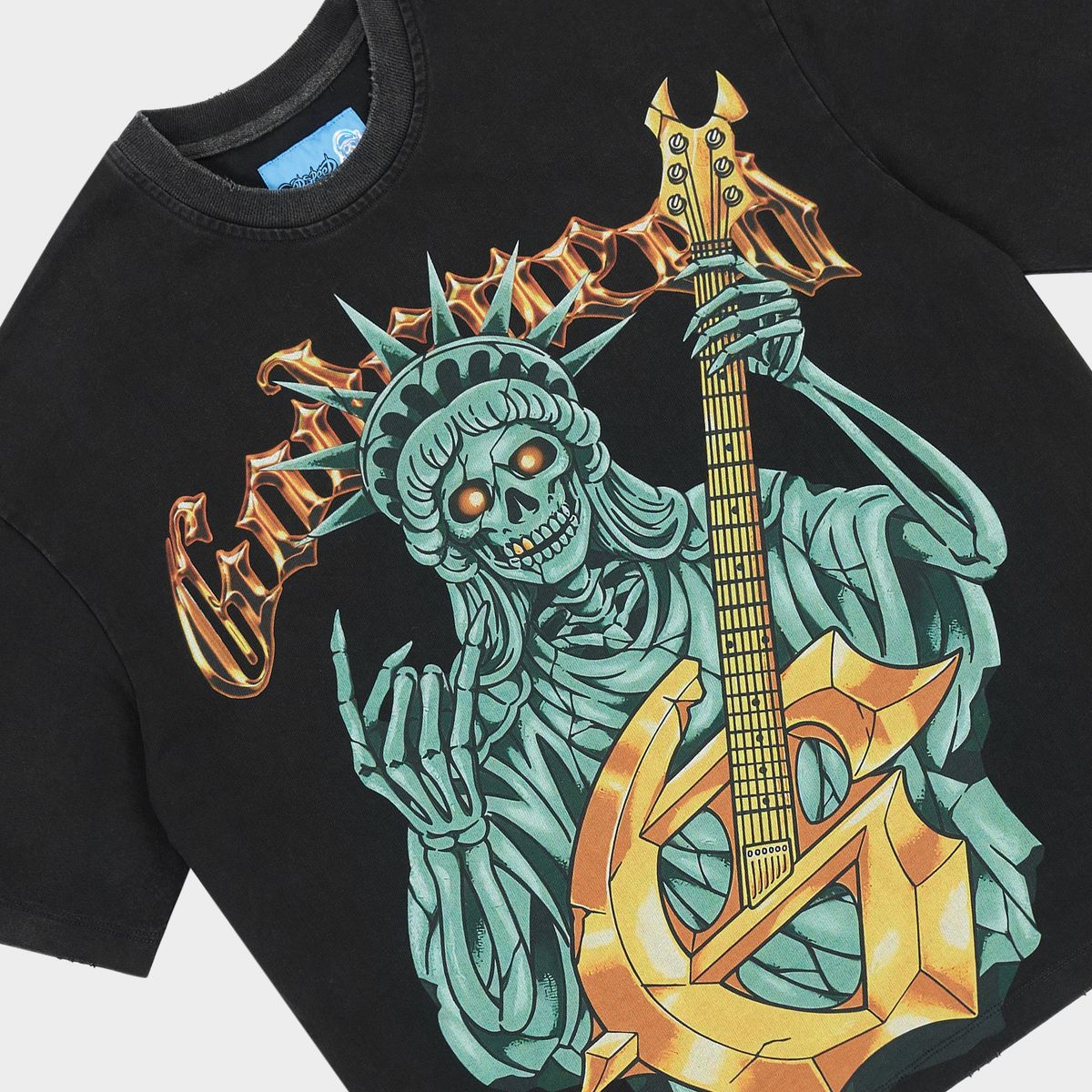 Godspeed Liberty Rock T-shirt NG in black with bold graphic artwork, stone crown detailing, and mid-weight washed fabric.