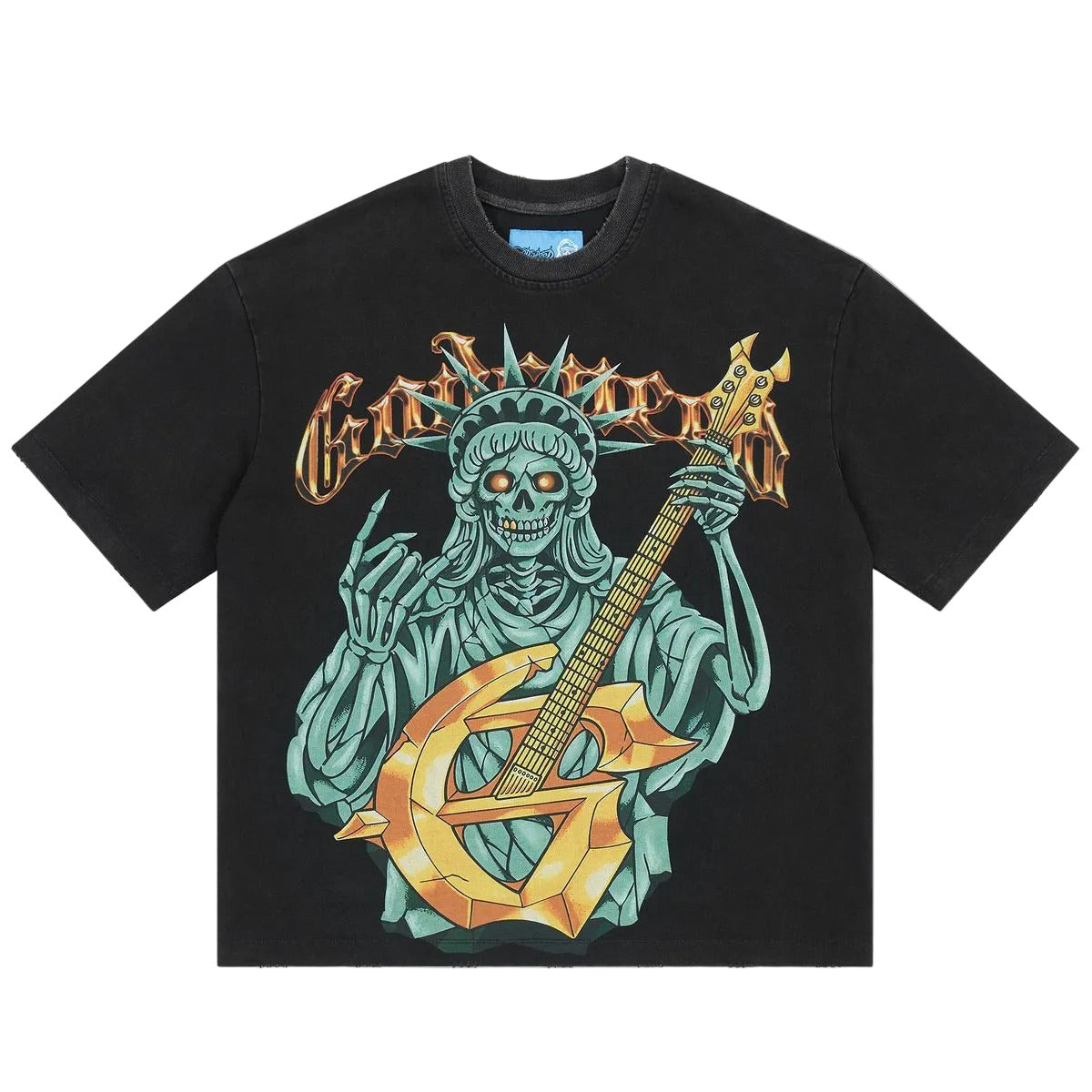 Godspeed Liberty Rock T-shirt NG in black with bold graphic artwork, stone crown detailing, and mid-weight washed fabric.