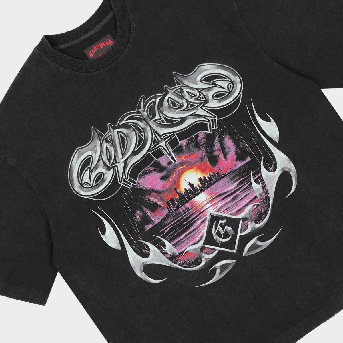Godspeed Liberty Sunset Black pocket T-shirt from the Mainline Collection made from 10oz mid-weight washed fabric with striking graphic artwork.