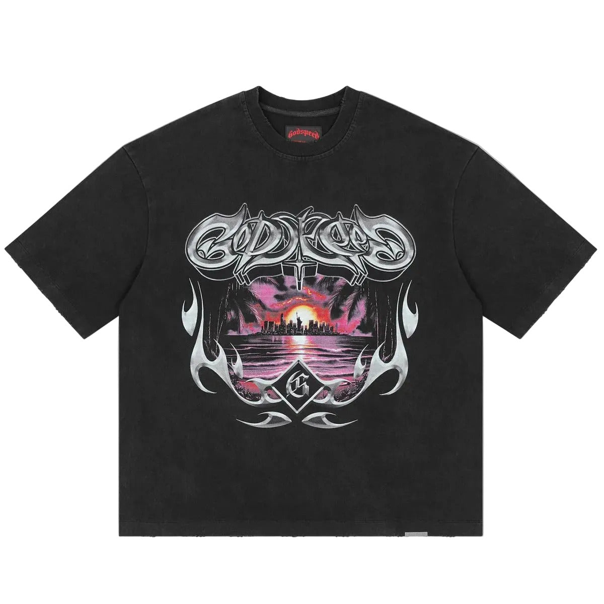 Godspeed Liberty Sunset Black pocket T-shirt from the Mainline Collection made from 10oz mid-weight washed fabric with striking graphic artwork.