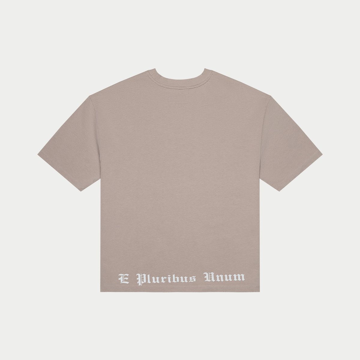 Beige t-shirt with 'E Pluribus Unum' text on a light gray background