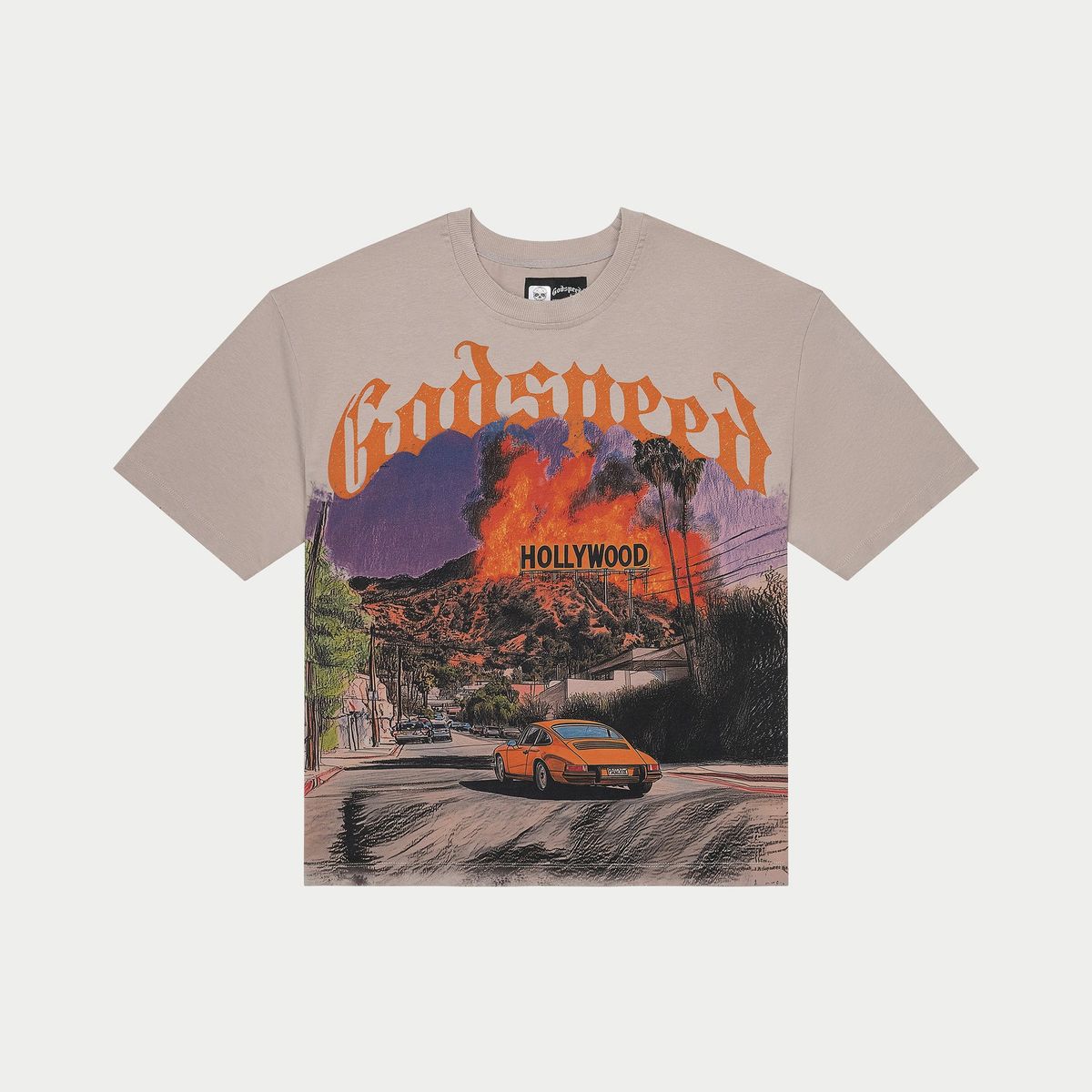 T-shirt with a graphic design of a car and Hollywood hills on a beige background