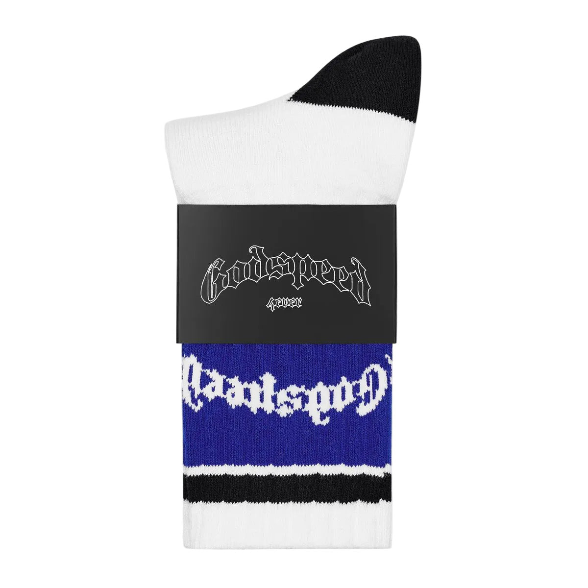 Godspeed OG Logo Striped White and Blue premium socks with classic striped detailing, OG logo, and premium one-pair packaging.