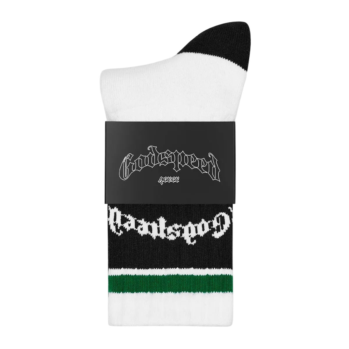 Godspeed OG logo striped socks in white and green with branded design and packaged presentation