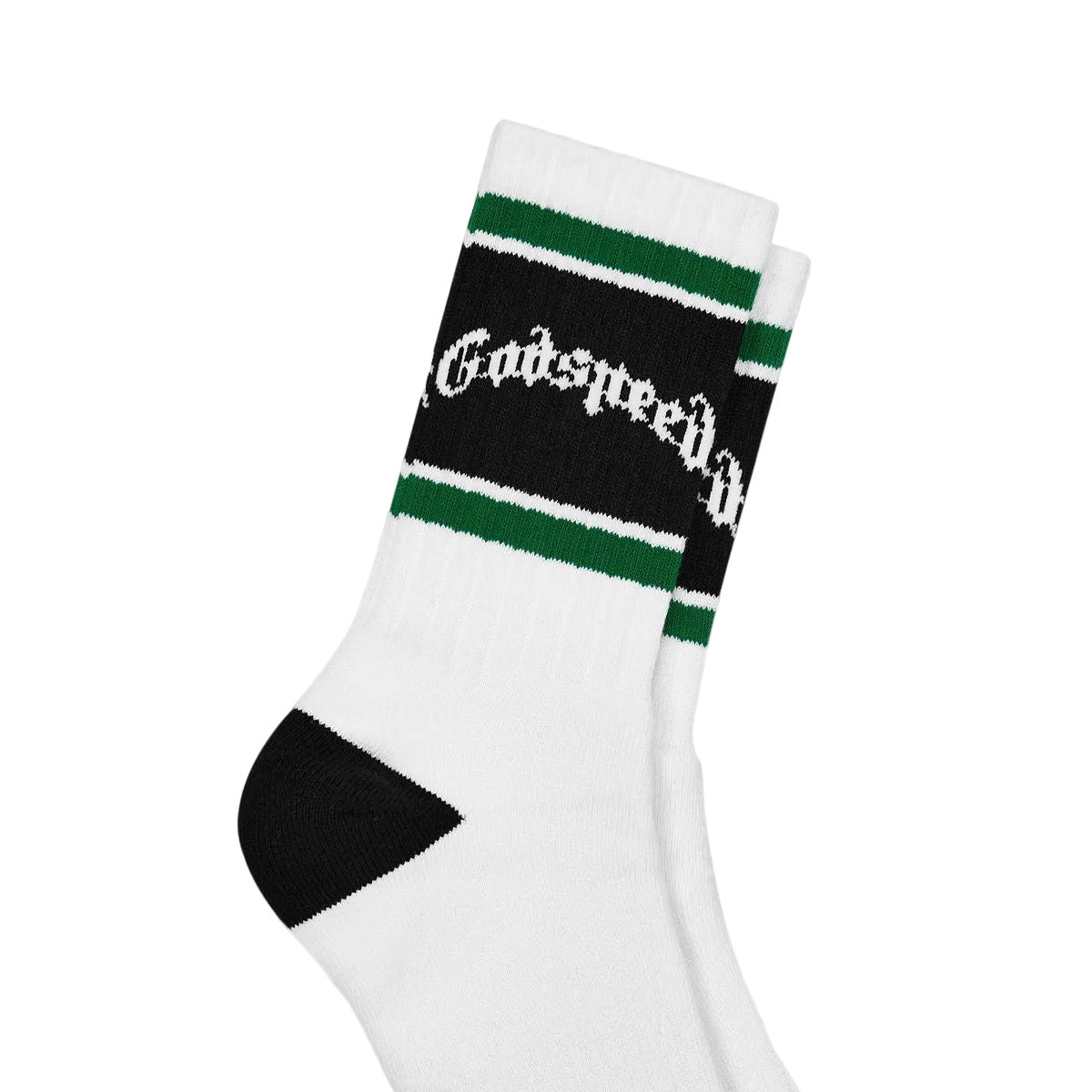 Godspeed OG logo striped socks in white and green with branded design and packaged presentation