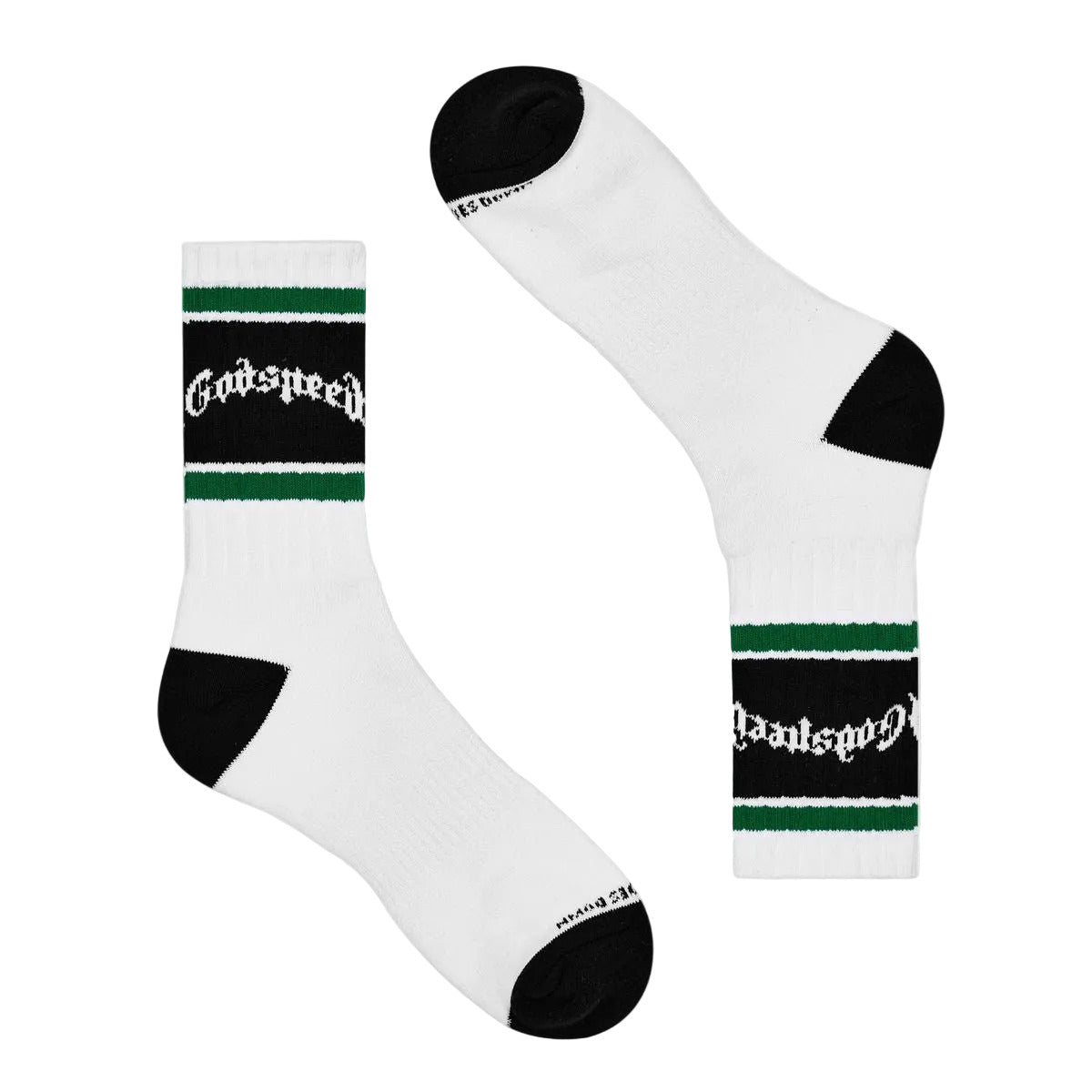 Godspeed OG logo striped socks in white and green with branded design and packaged presentation