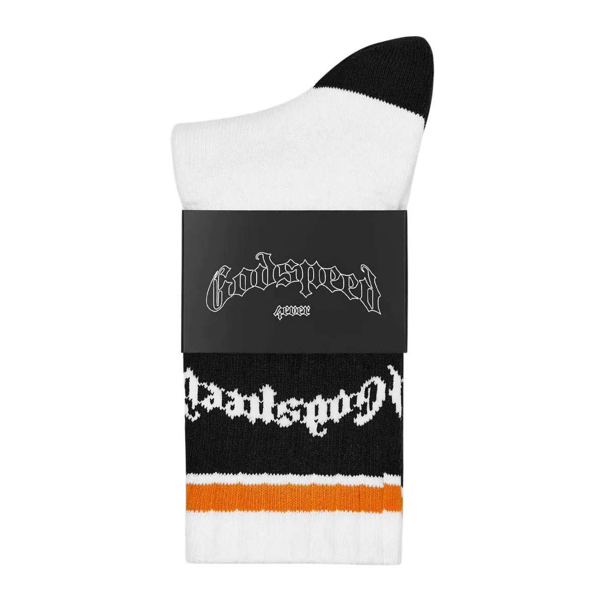 Godspeed OG logo striped socks in white and orange with branded design and packaged presentation