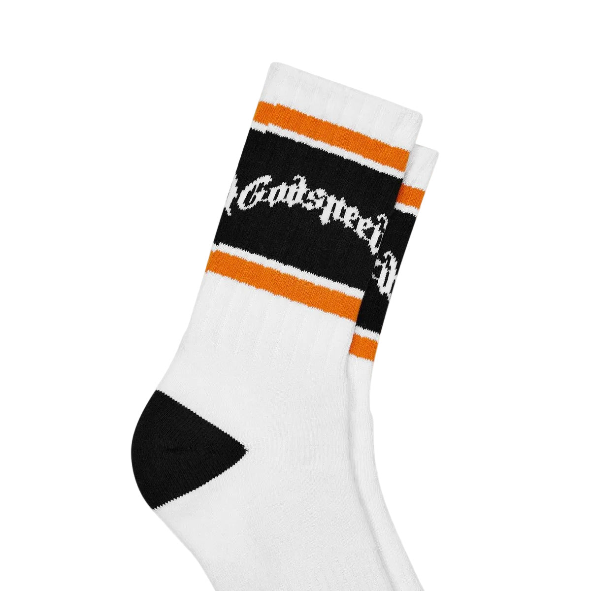 Godspeed OG logo striped socks in white and orange with branded design and packaged presentation