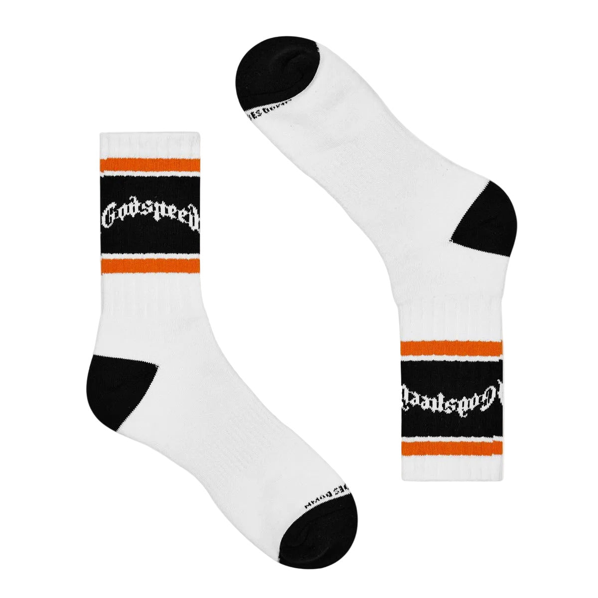 Godspeed OG logo striped socks in white and orange with branded design and packaged presentation