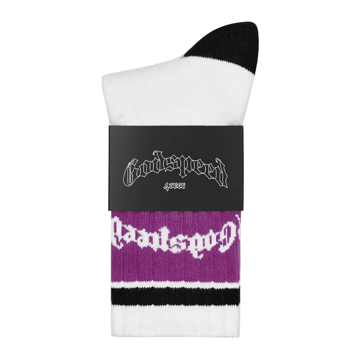 Godspeed OG Logo Striped White and Purple premium socks with classic striped detailing, OG logo, and premium one-pair packaging.