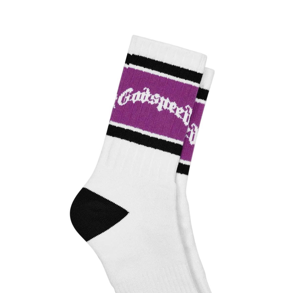 Godspeed OG Logo Striped White and Purple premium socks with classic striped detailing, OG logo, and premium one-pair packaging.